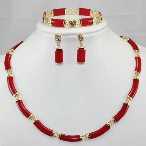 Noblest ! Red Ruby Link Necklace Bracelet earring Set