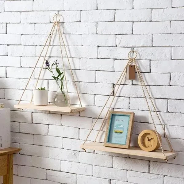 1PC Solid Wood Rope Hanging Wall Shelf Vintage Floating Storage Rack Home Decoration