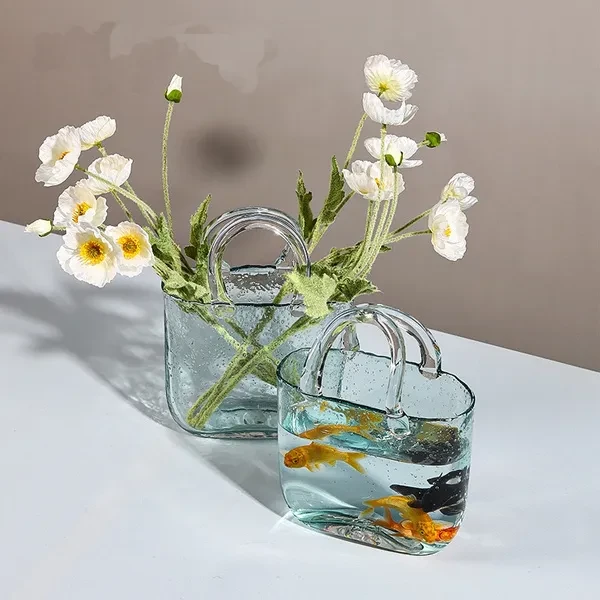 Shopping Basket Transparent Glass Vase Flower Arrangement Hydroponic Bag Vase Fish Bowl Fruit Basket Multifunctional Container