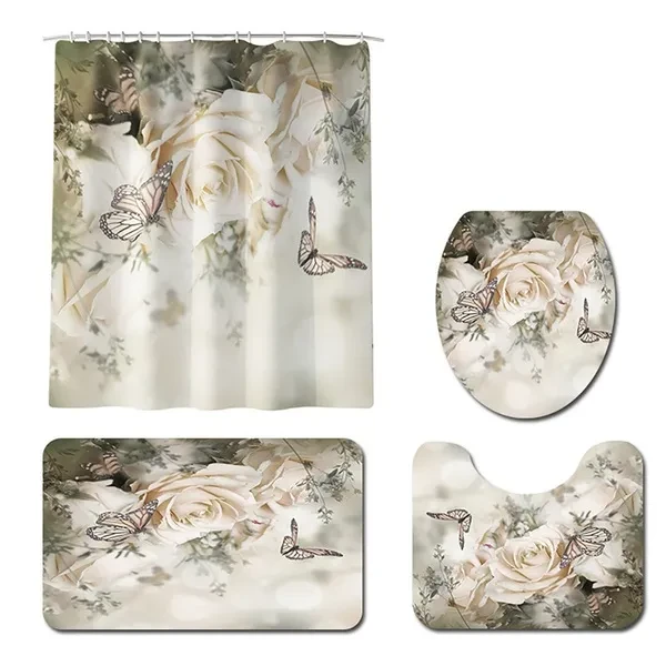 134pcs Rose Flower Butterfly Pattern Bathroom Shower Curtain Set Bathroom Decor Non-Slip Quickly Dry Soft Bath Rug Carpet Mat Set