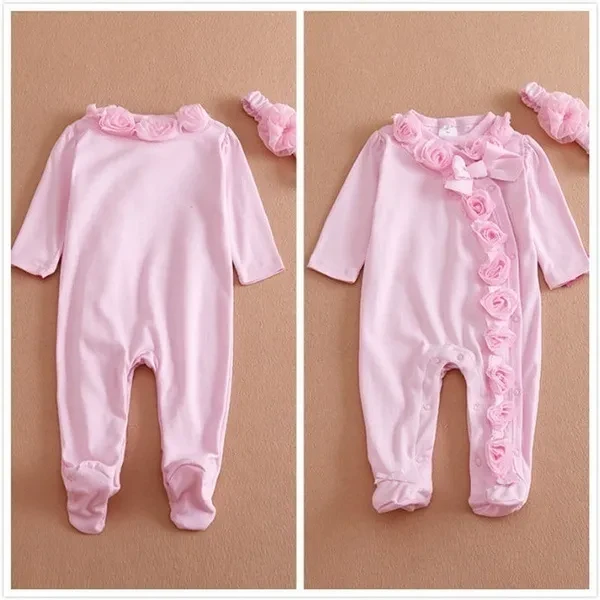 0~7M 2pc Newborn Baby Girls Long Sleeve Romper Flower Headband Clothes Outfits Set Pink
