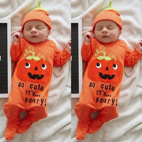 Halloween Pumpkin Baby Boys Girls Long Sleeves Romper Jumpsuit with Beanie Clothes for 0-12 Months