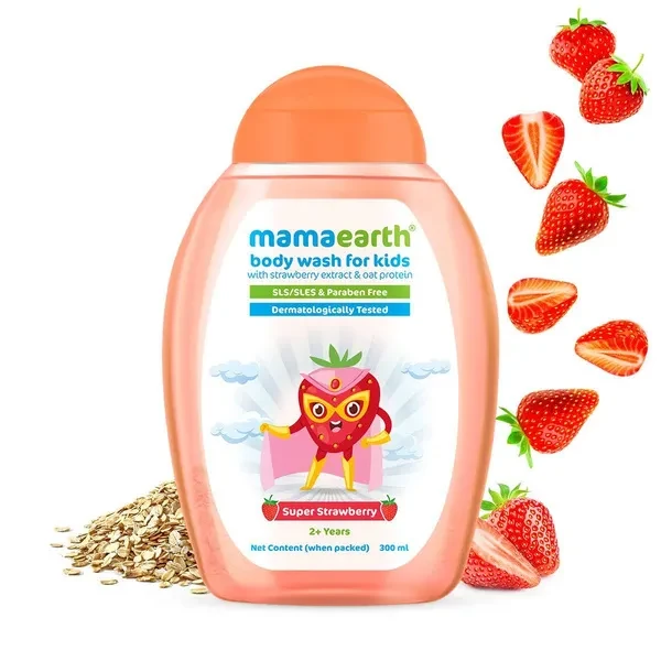 Mamaearth Super Strawberry Body Wash For Kids - 300 ml | Infused with Strawberry and Oat Protein | Gently Cleanses Skin, Dermatologically Tested, SLS/SLES and Paraben Free