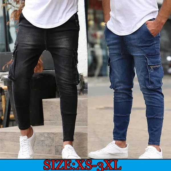 2024 New Men's Fashion Casual Pants Super Skinny Stretch Jeans Slim Fit Denim Leggings Fashion Men's Multi Pocket Trousers