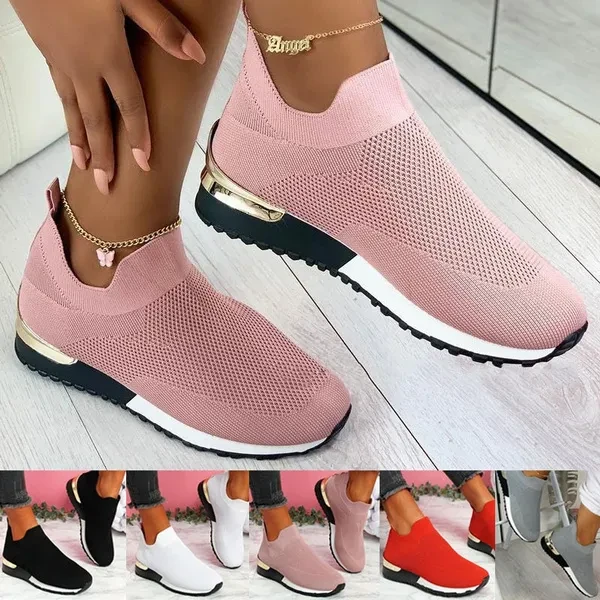 Women's Fashion Sneakers Vulcanized Shoes Flat Knitting Spring Shoes Mesh Slip On Breathable Casual Sport Shoes zapatos de mujer