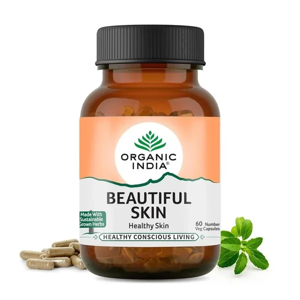 A TATA Product - Organic India Beautiful Skin Capsules - 60 Veg Caps, For Healthy, Radiant & Glow, Helps Rejuvenate Skin & Naturally Purify The Blood, GMP & NPOP Certified Organic
