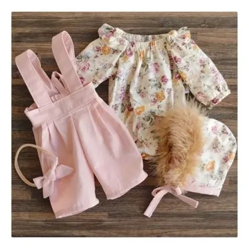 Toddler Kids Baby Girl Floral Ruffle Tops T-Shirt Bib Strap Pants Outfit Clothes