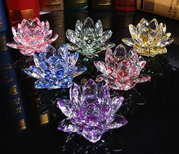 8 Color Lotus Crystal Glass Holder Buddhist Candle Holder Figure Paperweight Ornament Feng Shui Decor Collection