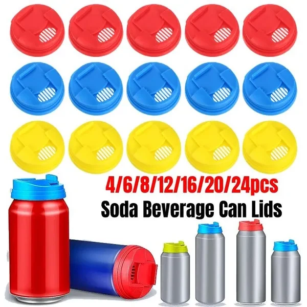 4/6/8/12/16/20/24pcs Soda Can Lids, Beverage Can Covers, Reusable Leakproof Drink Can Lids Protector, Can Toppers Fit Standard Size for Soda Beverage Beer Energy Drink Cans, Cola Can Covers, Beer Beve