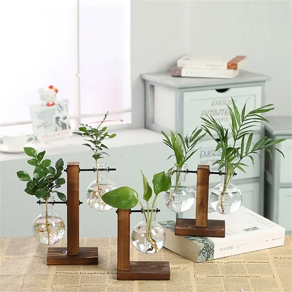 Hydroponic Plant Glass Vase Flower Pot Wooden Frame Stand For Home Decor Office Desk Decoration Terrarium Planter isfang