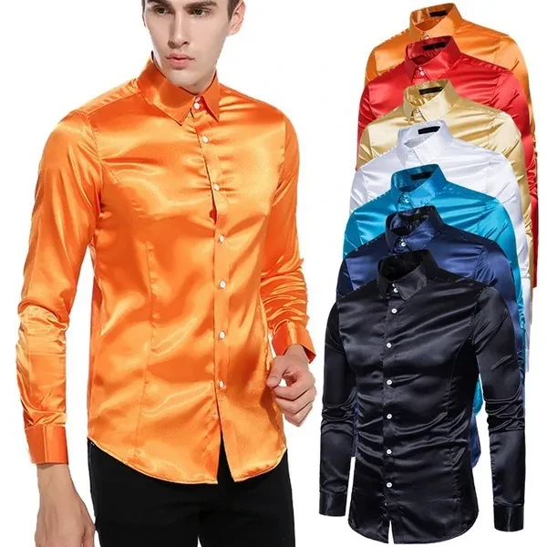 New men's long-sleeved shirt business casual casual fashion shiny long-sleeved shirt lapel button long-sleeved fashion slim business shirt