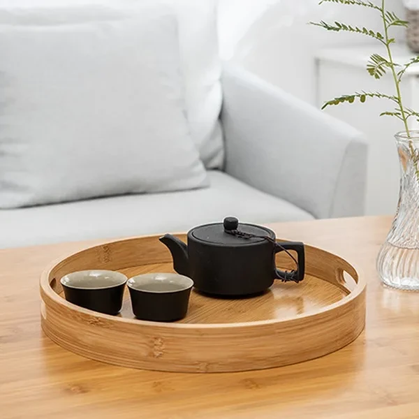 Round Serving Bamboo Wooden Tray for Dinner Trays Tea Bar Breakfast Food Container Handle Storage Tray
