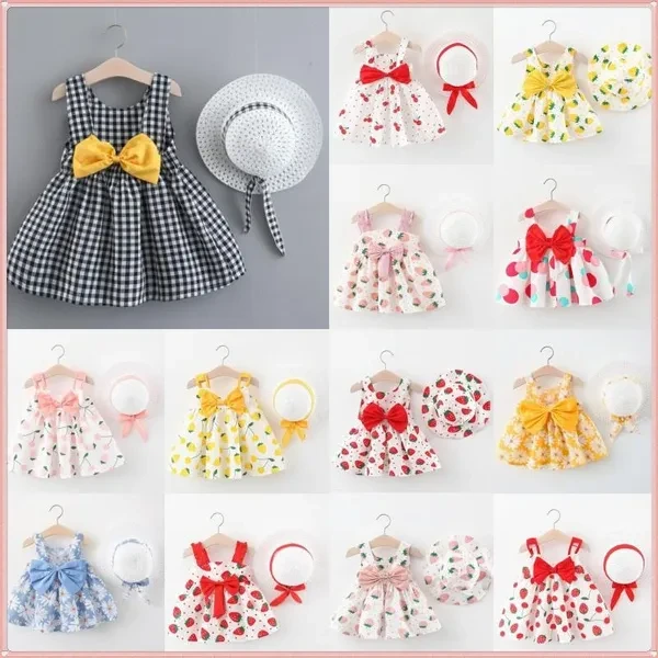 Baby Girl Dress Print Plaid Bow New Summer Princess Party Dress Infant Toddler Clothes Newborn Baby Dress+Hat 2pcs Kids Clothing Set