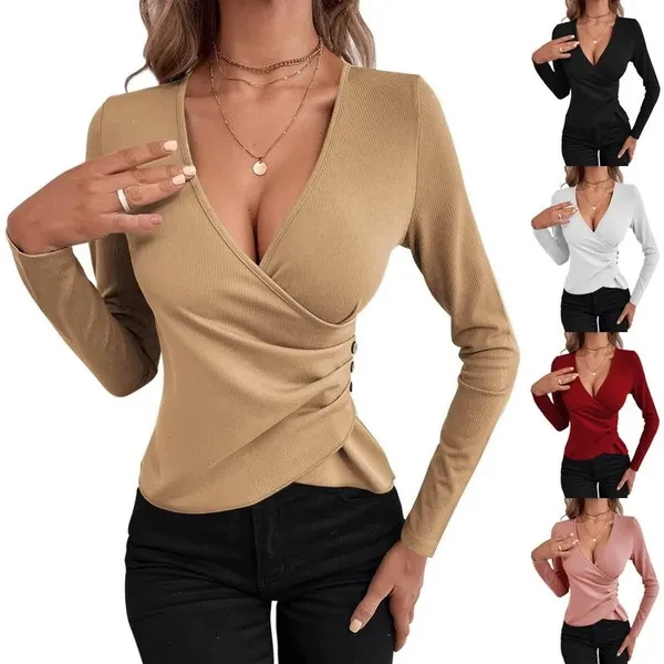 Women's Sexy Deep V Neck Long Sleeve Tops Ladies Low Cut Irregular Pleated T-shirt Fashion Slim Fit Tops