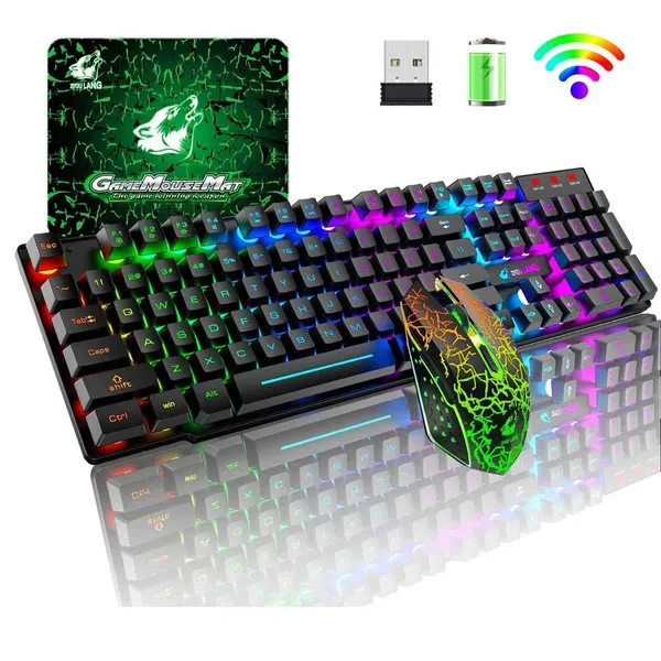 New Mechanical Backlit Gaming Keyboard Mouse Set Wireless USB Rechargeable 2.4G RGB LED