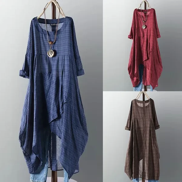 Women Waterfall Vintage Long Shirt Dress Round Neck Asymmetrical Midi Dress