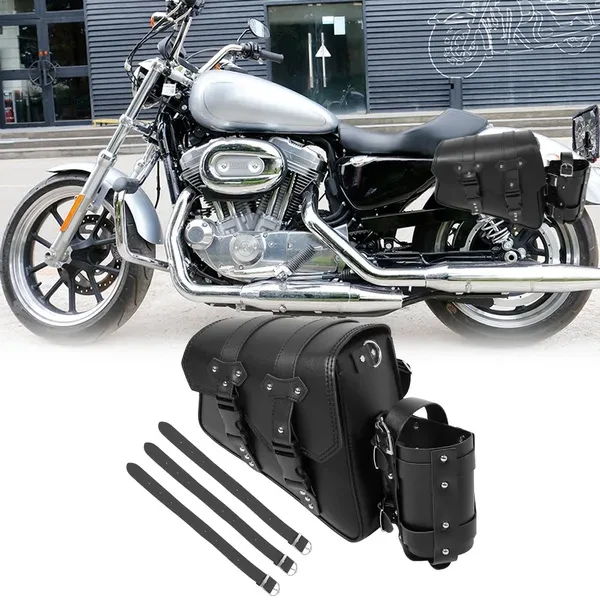 Black Left Motorbike Saddlebag Left Side Tool Bag Luggage Bag for Motorcycle Waterproof Faux Leather Adjustable Buckle Bag with Water Bottle Holder Bag
