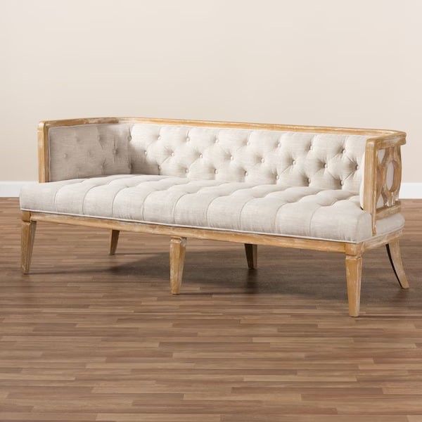 Agnes Beige Linen Upholstered and White-Washed Oak Wood Sofa