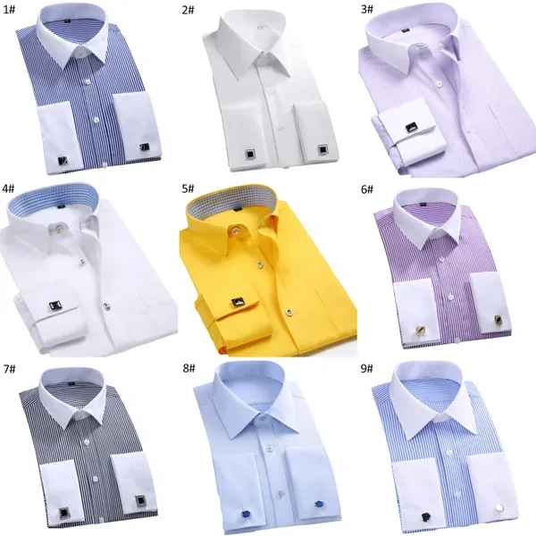 Fashion Men French Style Convertible Cuff Buttons Down Striped Shirt with Cufflinks