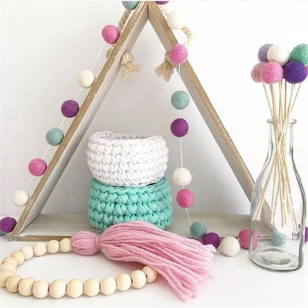 2M 30 pcs Wool Felt Balls Kids Room Wall Decor Hanging Nursery Pom Pom Garland