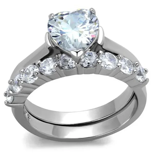 2.70 Ct Heart Cut Cubic Zirconia Stainless Steel Wedding Ring Set Women's Size 5-10