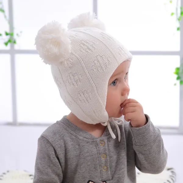 Autumn Winter Cute Hair Ball Baby Hat Toddler Infant Ear Protection Knitted Cap for Children Newborn Beanie Photography Props Bonnet SAL