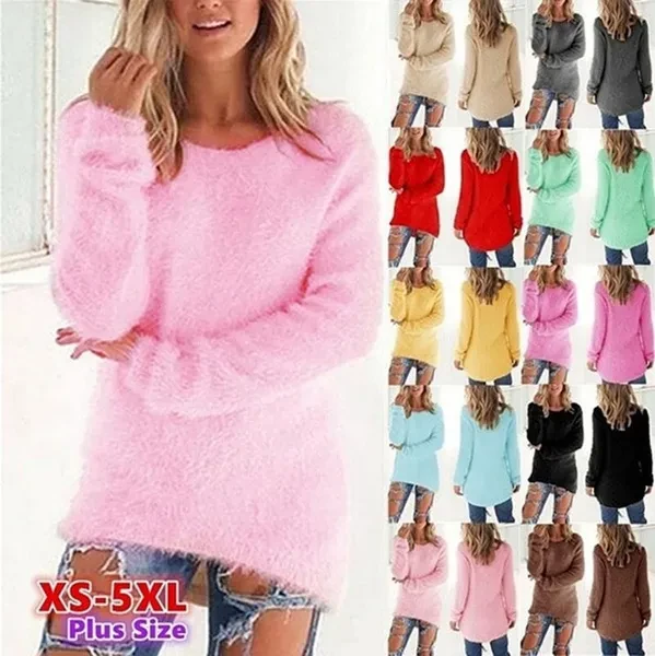 Plus Size New Autumn and Winter Solid Color Warm Pullover Tops Women Long Sleeve Knitted Sweaters