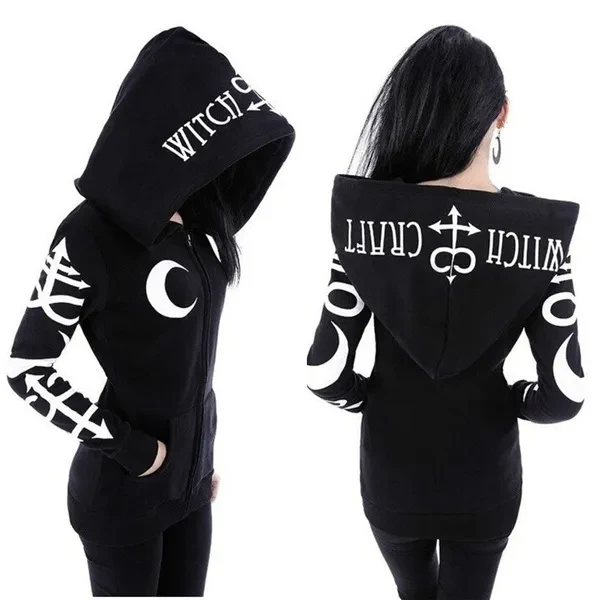 Gothic Punk Women Witch Sweatshirt American Style Print Oversized Hood Casual Slim Long Sleeve Tracksuit Hoodie