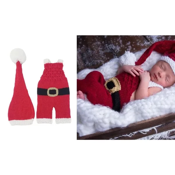 2-in-1 Infant Christmas Santa Outfit Soft Knitting Jumpsuit and Matching Hat Beanie Cap for Newborn Photography Props AJM