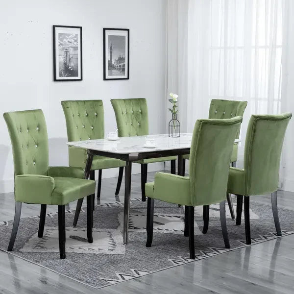 Dining chair with armrests 6 pieces. Light green velvet Essensstuhl eetstoel chaise de salle à manger