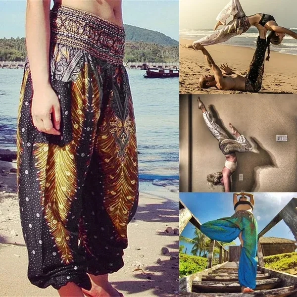 Men&Women Boho Peacock Printed Pants Hippie Sports Casual Pants High Waist Yoga Pants