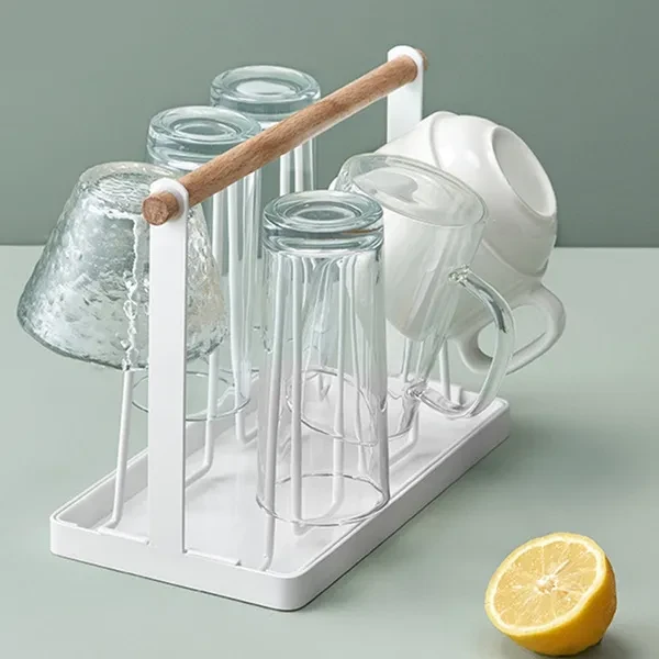 Creative Inverted Cup Drying Rack Metal Stand with Tray Wood Handle Wrought Iron Bottle Mug Glass Organizer Holder BUT