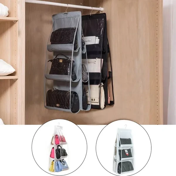 "6 Pocket Hanging Handbag Organizer for Wardrobe Closet Transparent Storage Bag Door Wall Clear Sundry Shoe Bag with Hanger Pouch