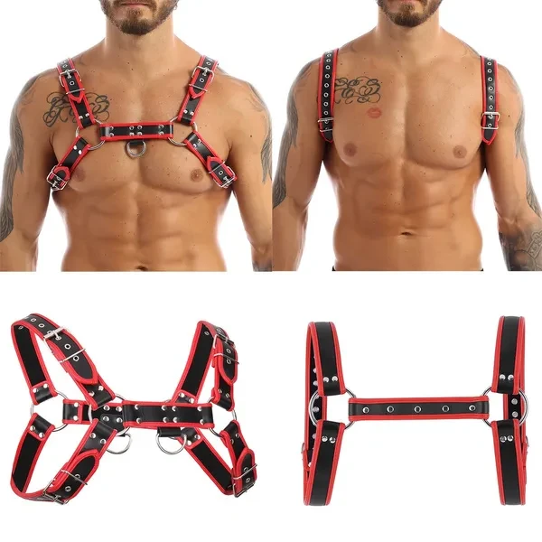 Men Lingerie Faux Leather Adjustable Body Chest Harness Costume with Buckles O-rings