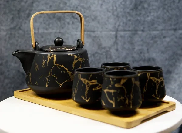 Black Faux Marble With Gold Veins Ceramic Tea Pot And Cups With Tray Set For 4