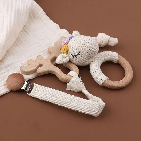 3PCS Handmade Crochet Baby Rattle Toys Animal Beech Wooden Teething Ring Teether Pacifier Chain Clips Set Newborn Shower Gifts Baby Stuff BUT
